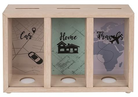 BLUECHOLON Tirelire en bois à 3 compartiments Motif amusant Car House Travel (24 x 16 x 8)