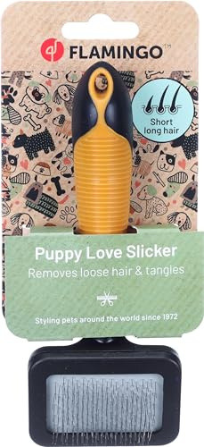 Flamingo Brosse Carde pour Chiot – Poils Métalliques Souples avec Embouts Arrondis – Ergonomique et Douce – Idéale pour le Premier Toilettage des Jeunes Chiens