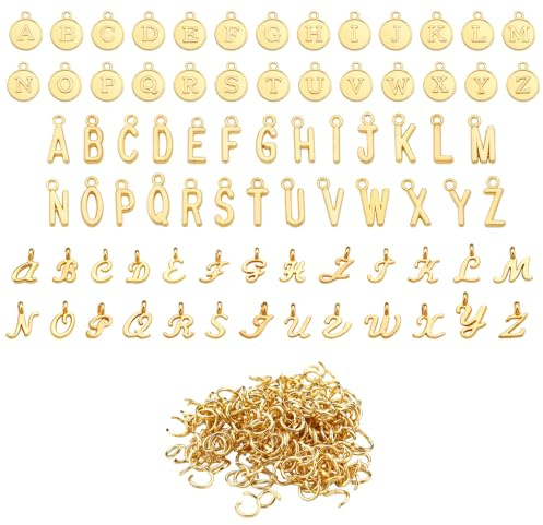 PEUTIER 156pz/6 Set A-Z Ciondoli con Lettere per Creazione di Gioielli, 3 Disegni Ciondoli Iniziali Mini Pendenti con Alfabeto ABC con 200 Anelli di Salto Aperti per Braccialetto Collana (Oro)