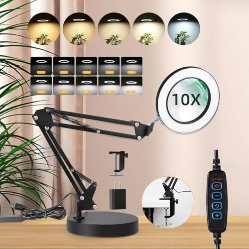 SILAMPDI Magnifying Glass with Light and Stand, 10X Magnifying Lamp, 3 Color Modes Lighted Magnifying Glass, 2-in-1 Black LED Lighted Desk Magnifier with Light for Crafts Close Work, 15W, CRI 90