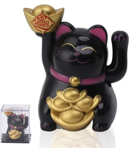 Jwthee 2in Lucky Cat Waving Arm, Solar Powered Vivid and Lovely Chinese Cat, Fortune Beckoning Welcoming Cat Statue Decorations Maneki Neko as Good Luck Decor for Home, Office, Car (Black)