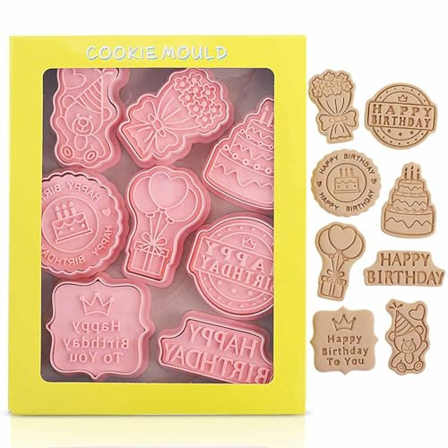 8Pcs Birthday Cookie Cutters,Cookie Cutters with Plunger Stamps,3D Birthday Embossing Cutters,Moulds Cute Mould Cutters for Kids Children DIY Chocolate Mould (Birthday/8Pcs)