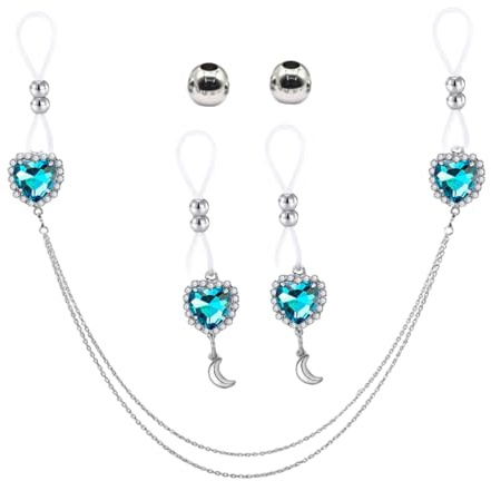 Ensemble d'anneaux de téton en forme de cœur en oxyde de zirconium pour femme - En forme de cœur - Sans piercing - Faux téton - Chaînes de corps réglables - Bijoux de corps pour femme, taille unique,
