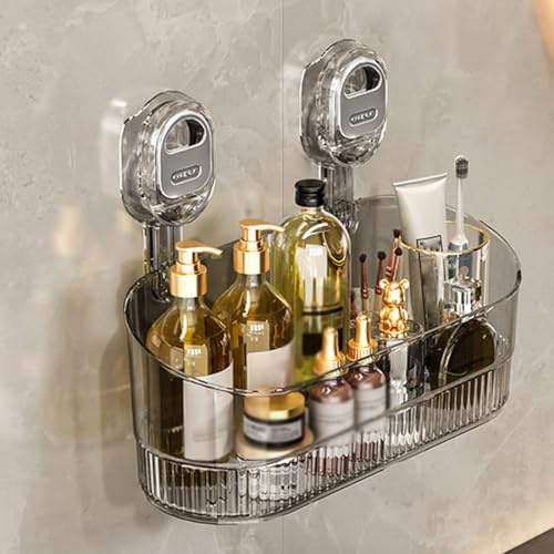 No-Drill Bathroom Suction Storage Box,Duschkorb Ohne Bohren,Duschhalter mit Saugnapf,Badezimmer Küche Organizer mit Ablauföffnungen,Duschregal Badregal Wandregal für Küchen,Bad Seife Shampoo (Grau)