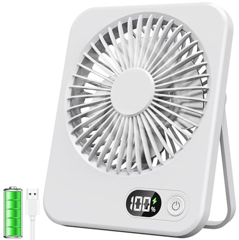 ITJMRJP Ventilatore da Tavolo 2500mAh Batteria Ventilatore Portatile USB Ricaricabile Mini Ventilatore Piccolo Silenzioso 5 Velocità Display LCD Ventilatore Scrivania per Ufficio Casa Viaggio(Bianco)