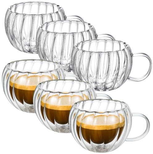 Wilmax - Thermogläser mit Henkel geriffelt - 6er-Set - 300 ml - Doppelwandige Kaffeegläser - Latte Macchiato Gläser Set - Cappuccino Gläser mit Henkel - Teegläser - Trinkgläser - Thermotasse