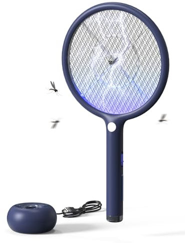 AROEVE Racchetta Zanzare Elettrica, 2-in-1 Racchetta Zanzare, 4000V, Base di Ricarica USB, Batteria Ricaricabile da 1200mAh, Modalità di Attrazione Auto, Luce LED, Protezione a 3 Strati,Blu