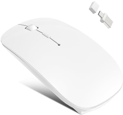 Azmall Trådlös Bluetooth-mus 5,2/3,0 och USB-A/typ C 2-i-1-mottagare, tyst mus med jiggler-läge – vit