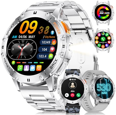 LIGE Montre Connectée Homme (3 Bracelets) - Appel Bluetooth/LED Lampe, Écran AMOLED 1,43, Étanché IP68, 100+ Modes Sportifs, D'extérieur Montre Connectée pour iOS et Android, Acier Argenté