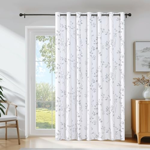 Beauoop Floral 100% Blackout Curtains 84 Inch Length 1 Panel for Patio Sliding Door Extra Wide Grey White Flower Patterned Divider Room Darkening Thermal Soundproof Grommet Window Drapes,100x84, 1 set