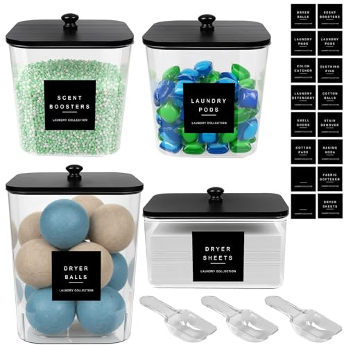 POLRAI 4 Pack Laundry Pod Containers and Dryer Sheet Holder Clear Jars with Bamboo Lids and Labels Laundry Room Organization Containers for Scent Booster Powder Detergent Pods Storage