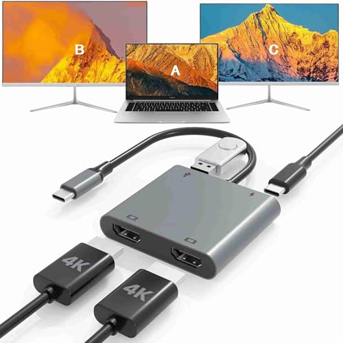 usb c to splitter Dual HDMI Adapter for 2 Monitors, USB 3.0 Port, PD Port, HDMI Splitter for Dual Monitors, for usb c port laptops and tablets (Single 4K@60Hz and Dual 4K@30Hz)