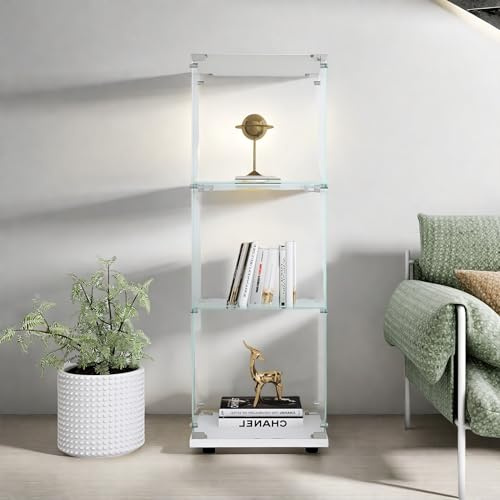 SUNFECILI Glasvitrine Standvitrine, 3 Lagen Glas Holz Vitrine Sammlervitrine Vitrinenschrank,1 Tür mit Schloss Glasvitrine Stehend für Büro Wohnzimmer und Schlafzimmer (weiß)