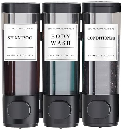 KSITEX Seifenspender Wandmontiert– Shampoo & Duschgel Spender Duschgel für Bad, Küche, Hotel Bohrfrei Auslaufsicher Abschließbar Großvolumiger (3x300ml, Schwarz)