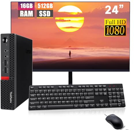 Lenovo ThinkCentre M910q Mini Ordinateur de Bureau avec écran 24 Pouces, Intel Core i5-6500, 16 Go de RAM, SSD de 512 Go, Clavier QWERTY américain, Wi-FI, Bluetooth et Windows 11 Pro (reconditionné)