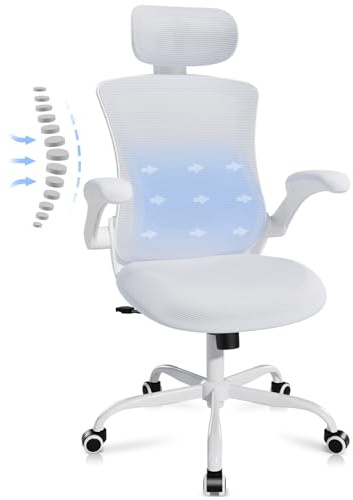 COLAMY Ergonomischer Mesh Bürostuhl mit Verstellbarer Kopfstütze und Lendenstütze, hochklappbare Armlehnen, 140° Wipp- und Rastenfunktion, Höhenverstellbarer Bürodrehstuhl, Weiß