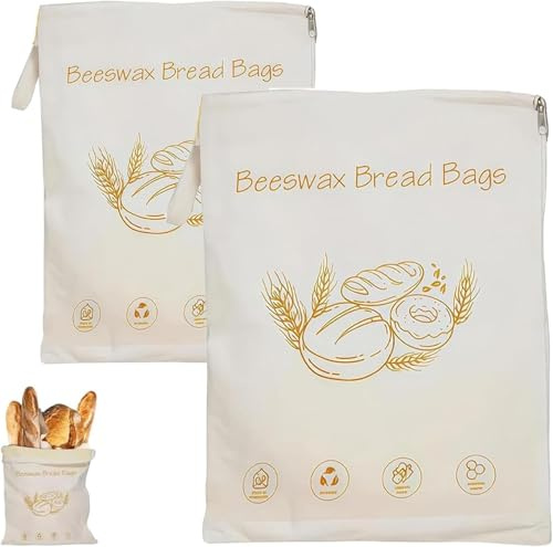 2 bolsas de algodón y cera de abeja con acceso ancho con cremallera para masa madre, bolsas de almacenamiento de alimentos reutilizables XL con cremallera, bolsa de almacenamiento de alimentos para