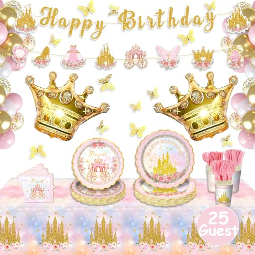 Maudundon Princess Birthday Party Decorations, Princess Party Decorations, Pink Gold Balloons Table Cloth Plates Banner Cake Decorations Butterfly Stickers for 3rd 4th Birthday for Girls Serve 25