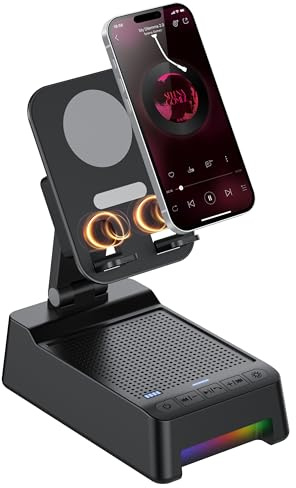 Gifts for Men Women, 5 in 1 Phone Stand with Inductive Bluetooth Speaker | Wireless Speaker with Charger Stand , Anti-Slip Base, Adjustable Foldable Holder with RGB, Ideal for Dad, Tech Gadgets Gift