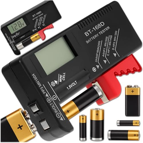 KRUMAD Batterie Tester BT168D, Batterieprüfgerät, Messgerät, Volt Checker | 0 bis 15 V, alle Batterien, LCD, 11x6 cm, für AA AAA C D 9V, 0 Ohm bis 0,025 Ohm, Schnelle Ergebnisanzeige, Schwarz