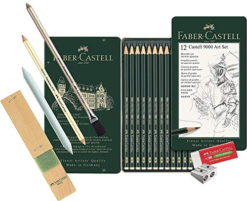 Faber-Castell 119065 Castell 9000 Bleistift 8B - 2H, 12er Pack (12 Stück) Basissortiment 8b - 2h, Graphit-Kunst-Set