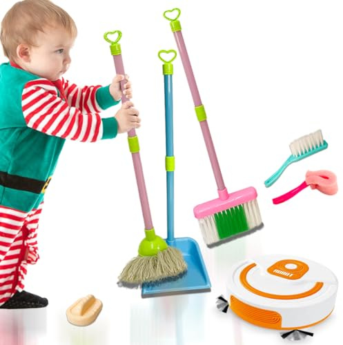 Koolbitz 2-in-1 Kids Cleaning Play Set with Simulation Robot Vacuum Cleaner & Toy Mop Broom Set – Interactive Housekeeping Toys with Accessories for Toddlers,Boys and Girls Aged 3+