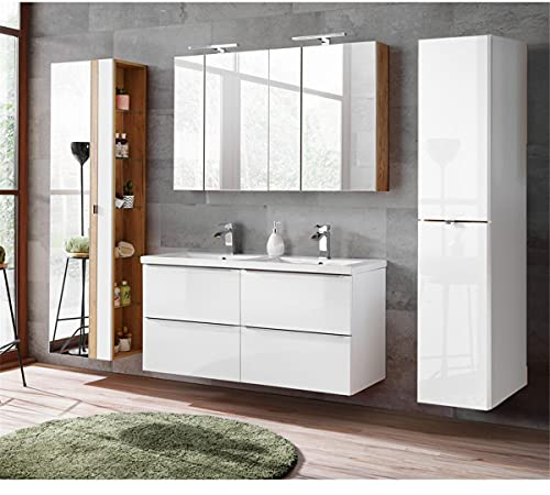 Lomadox Badezimmermöbel Set mit 120cm Doppel-Waschtisch 120cm aus Keramik, Hochglanz weiß & Wotaneiche, inkl. LED-Spiegelschrank