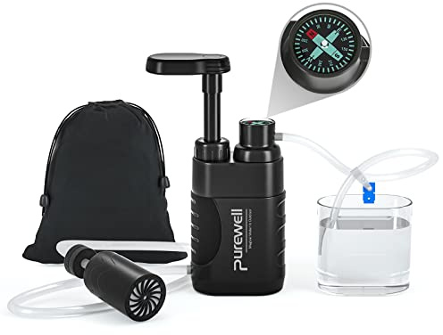 Purewell Wasseraufbereiterpumpe mit barem Kohlenstoff 0,01 Mikron Wasserfilter, 4 Filterstufen, tragbare Outdoor-Notfall- und Ãœberlebensausrüstung â€“ Camping, Wandern, Rucksackreisen