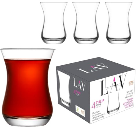 LAV Turkish Tea Cups Set of 4 - Thick Tulip Glasses, Whiskey Shot Glass Set, Scotch Glasses, Drinking Set - 5.5 oz