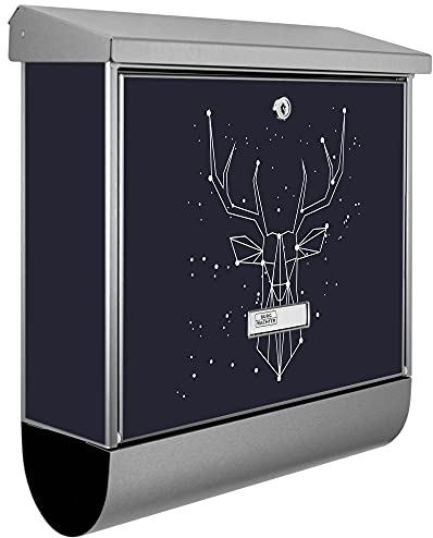 banjado® Burgwächter Briefkasten Edelstahl 38x39x12cm mit Motiv Sternbild Hirsch/Briefkasten Edelstahl ohne Zeitungsfach/Briefkasten grau/Postkasten inkl. Montagematerial & 2 Schlüsseln