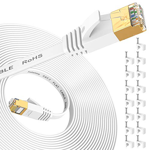 Folishine Ethernet Kabel 15M, Cat7 Internet Kabel High Speed mit vergoldetem RJ45 Stecker, geschirmtes LAN Kabel für Netzwerk-Switch, schneller als Cat5/Cat5e/Cat6-Weiß