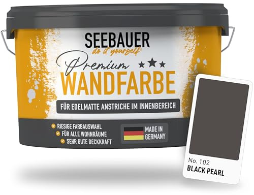 SEEBAUER diy Wandfarbe Schwarz 2,5L für Innen (No. 102 Black Pearl) Edelmatte schwarze Innenfarbe - Schwarztöne sehr hohe Deckkraft - Matt, Abwaschbar und Tropffrei