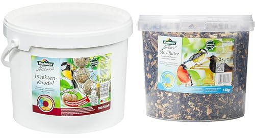 Dehner Natura Wildvogelfutter, Insekten-Knödel, ohne Netz, 100 Stück (10 kg) & Natura Wildvogelfutter, Streufutter im Eimer, 3 kg