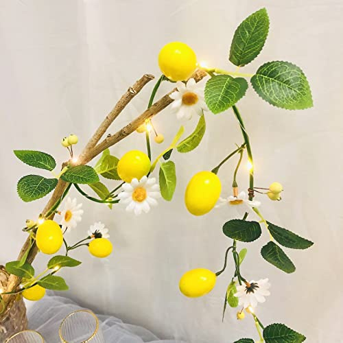 Künstliche Zitronen Blumen Girlande,Zitronenrankenpflanzen zum Aufhängen von Weißen Blumen,Künstlichen Beeren Kranz Lichterkette für Hochzeit Hausgarten Weihnachts Dekoration (Zitronen Lichterkette)