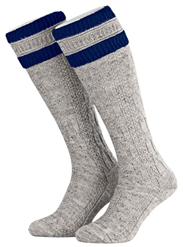 Piarini 45 46 1 Paar Herren Trachtenstrümpfe Trachtensocken Zopfmuster Trachtenstutzen Umschlag Wolle lang Nuss Royal Blau