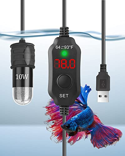 AquaMiracle Justerbar 10 W Betta värmare liten akvarievärmare nedsänkbar akvarium värmare 5 V/2 A USB-driven Super Mini akvarievärmare med digital display termostat, för upp till 1 gallon tankar