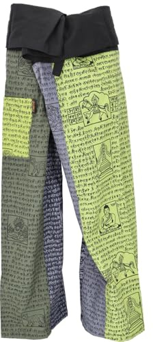 GURU SHOP Pantaloni da pescatore thai in cotone massiccio, patchwork, pantaloni da yoga, taglia unica, uomo/donna, Verde/multicolore, Taglia unica