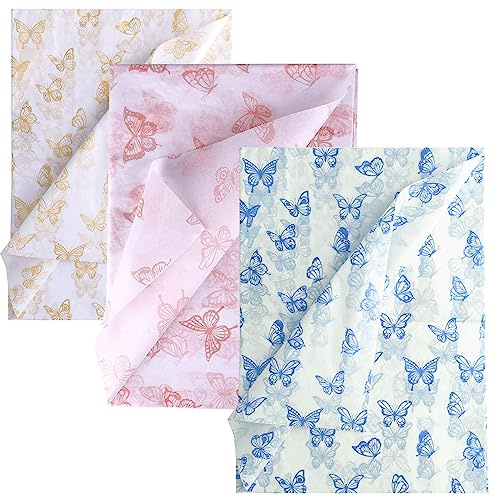 45 Stück Schmetterling Geschenkpapier Seidenpapier, 35x50cm Gold Rosegold Blau Seidenpapier zum Verpacken für Weihnachten Hochzeit Geburtstagsfeier Babypartys Heimwerken Kunst (Weiß Hintergrund)