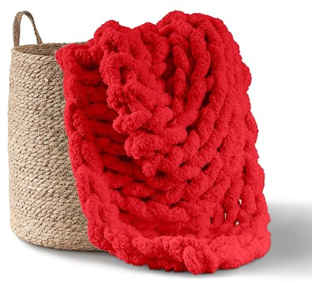 Adyrescia Chunky Knit Blanket Throw | 100% Hand Knit with Jumbo Chenille Yarn (50x60, Ruby Red)