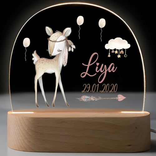 Kidsmood - Personalisiertes Nachtlicht für Kinder – LED Nachtlampe mit Namen & Datum - Nachttischlampe Dimmbar mit USB Kabel – Taufgeschenke für Mädchen & Jungen, Baby Geschenk zur Geburt