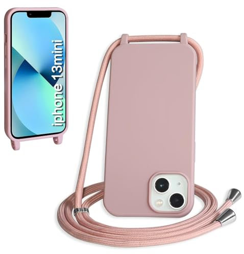 Haygdz Cover per iPhone 13 Mini con Cordino, Custodia con Laccio Collana Tracolla Collo Liquido Silicone Antiurto TPU Antiurto AntiGraffio Case, Rosa sabbia