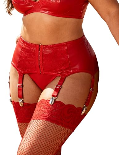 comeondear Damen Strapsgürtel Kunstleder Sexy Strumpfhalter Strapshalter | 6 Metall Clips, mit Spitze, Breiter Strumpfband, Große Größen, Strapsen Dessous Set, Garter Belt, Strumpfgürtel Hohe Taille