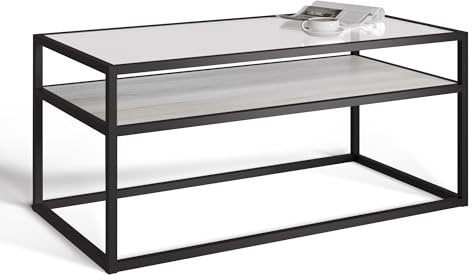 URBNLIVING Glass Display Top Coffee Table with Steel Frame Reversible Wooden Storage Shelf