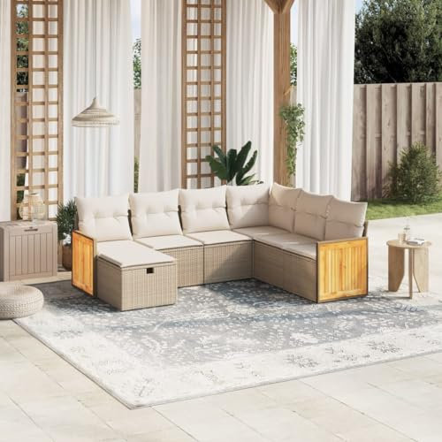 Rantry 7-TLG. Gartensofa Set mit Kissen Gartenlounge Loungesofa Gartenmöbel Balkonmöbel Ecklounge Ecksofa Loungemöbel Sitzgruppe für Garten Terrasse und Balkon Beige Poly Rattan