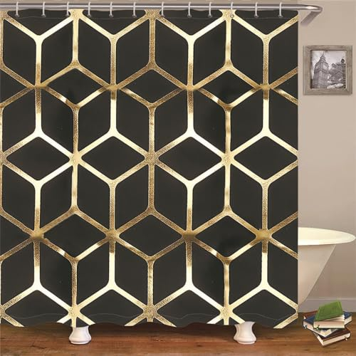 Duschvorhang Geometrisches Gold Duschvorhang Stoff Polyester Badevorhang Duschvorhang Wasserdicht Antischimmel Shower Curtains mit 12 Duschvorhangringen Duschvorhang Badewanne 200x220cm