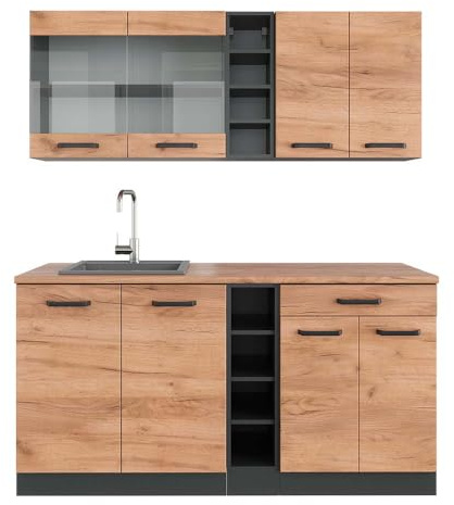 Vicco Singleküche R-Line, Goldkraft Eiche/Anthrazit, 160 cm | 6 Module · Höhenverstellbare Füße · AP Eiche inkl. · Robuste Fronten · Mit offenen Regalen · Frei kombinierbar