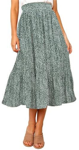 Timuspo Plisseerock Damen mit Taschen Midi Rock Langer Sommer Röcke Polka Dot Skirt Chiffon Lang Strandrock Elegante Midirock Laub Grün S