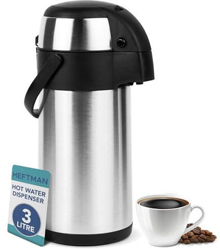 HEFTMAN Thermal Coffee Carafe - 3L Stainless Steel Airpot Pump Action Double-Walled Insulation, Leak Proof Coffee & Tea Carafe with 360° Rotating Base, Carry Handle, Safety Lock, Removable Lid (3L)