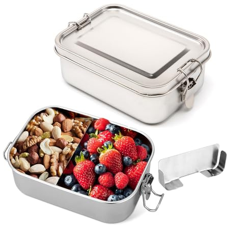 evomosa Fiambreras de acero inoxidable de 850 ml / 1400 ml con separador extraíble, caja bento metálica a prueba de fugas, recipiente de acero para aperitivos con tapa (1400ml)