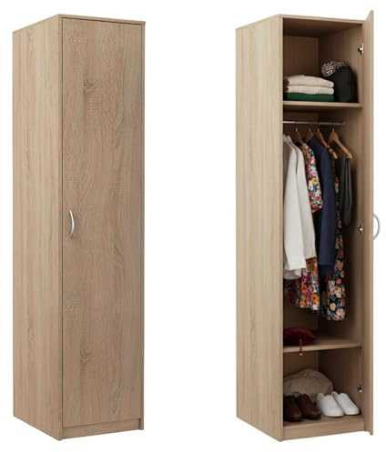 Home Collective Kleiderschrank mit 1 Tür, 1 Kleiderstange und 2 Einlegeböden, Garderobenschrank 45 cm breit Schrank schmal Matte Oberfläche, ideal für Schlafzimmer, Wohnzimmer, Flur | Sonoma